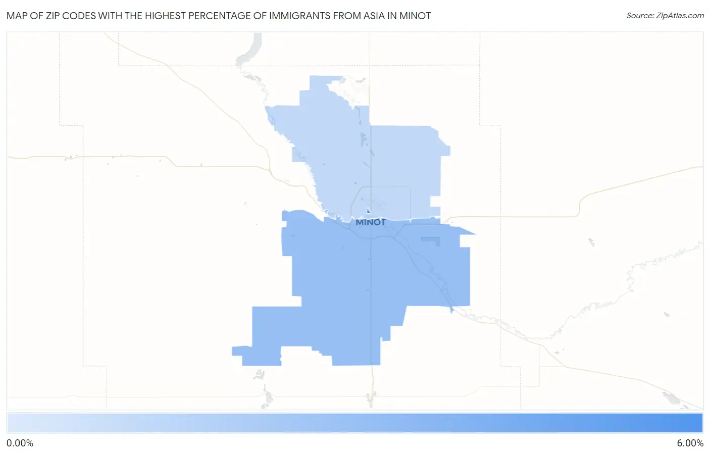 Zip Codes with the Highest Percentage of Immigrants from Asia in Minot Map
