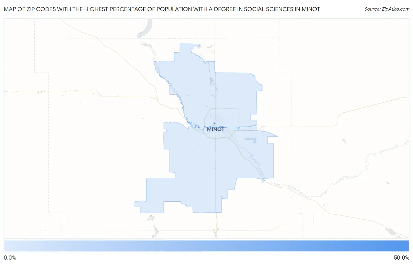 Zip Codes with the Highest Percentage of Population with a Degree in Social Sciences in Minot Map