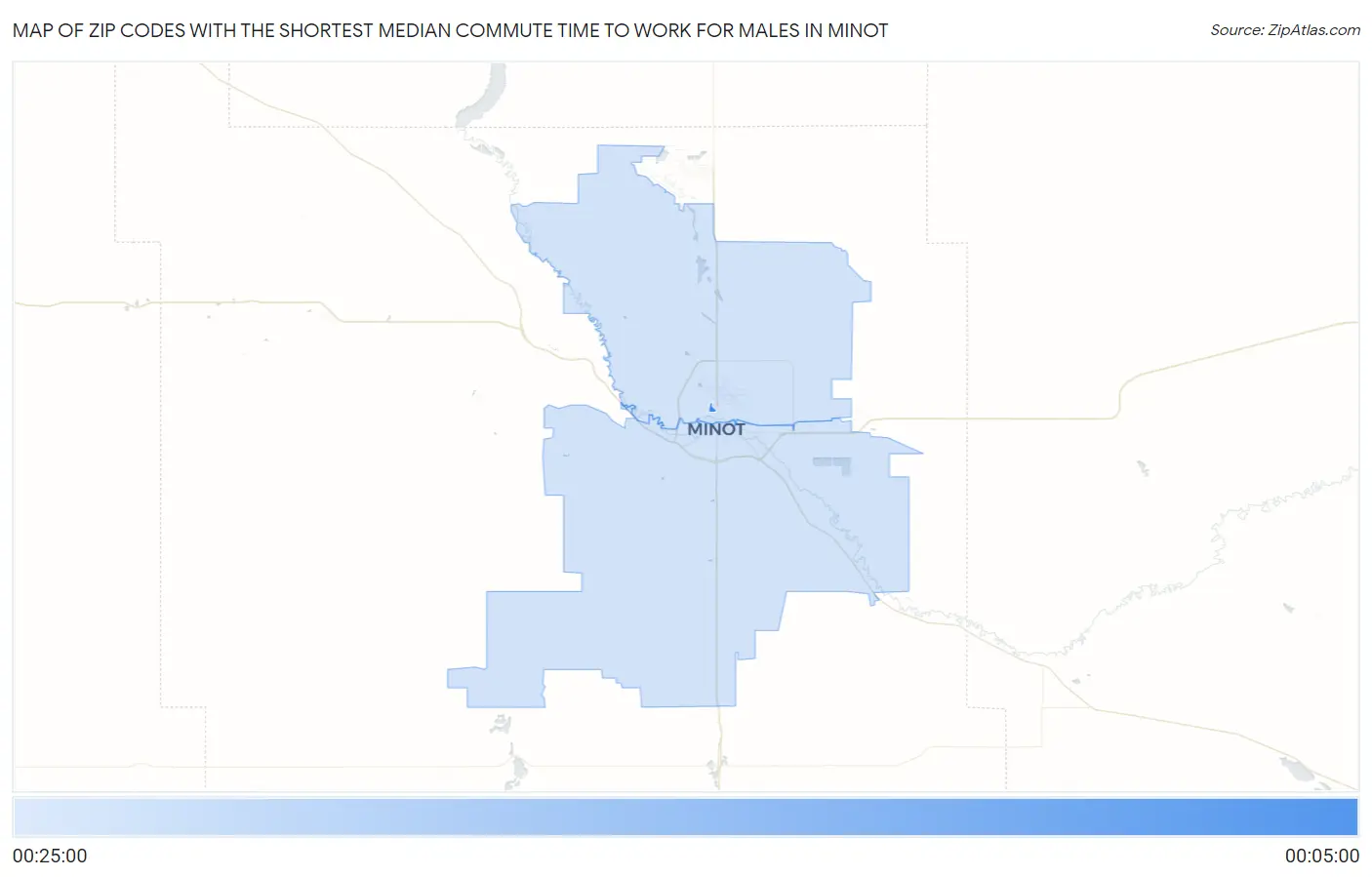 Zip Codes with the Shortest Median Commute Time to Work for Males in Minot Map