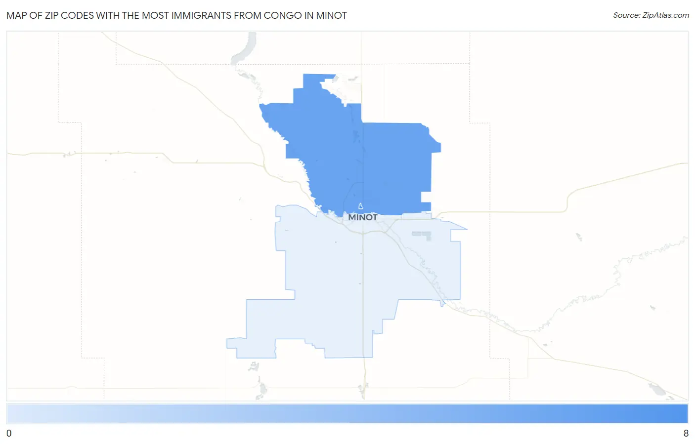 Zip Codes with the Most Immigrants from Congo in Minot Map