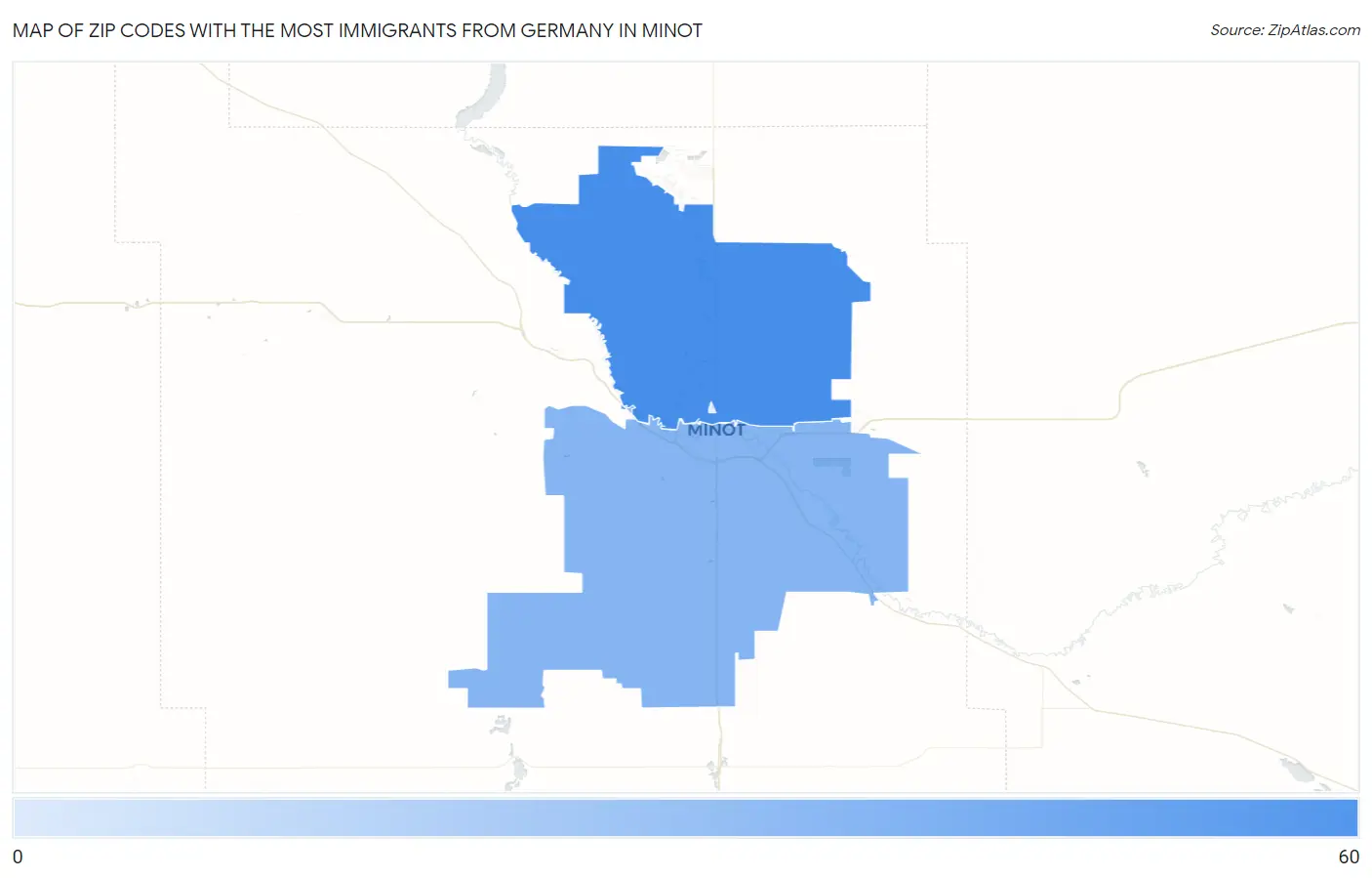 Zip Codes with the Most Immigrants from Germany in Minot Map