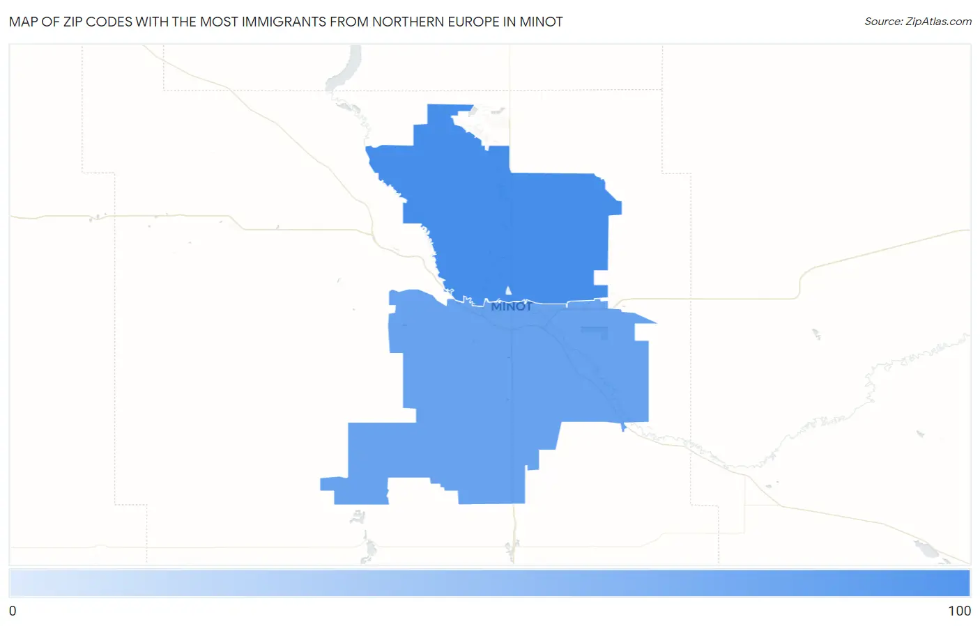 Zip Codes with the Most Immigrants from Northern Europe in Minot Map