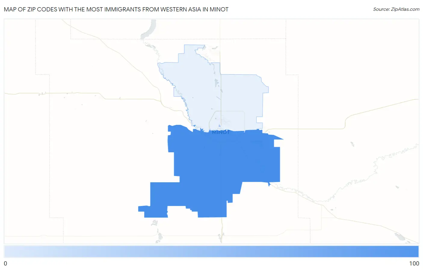 Zip Codes with the Most Immigrants from Western Asia in Minot Map