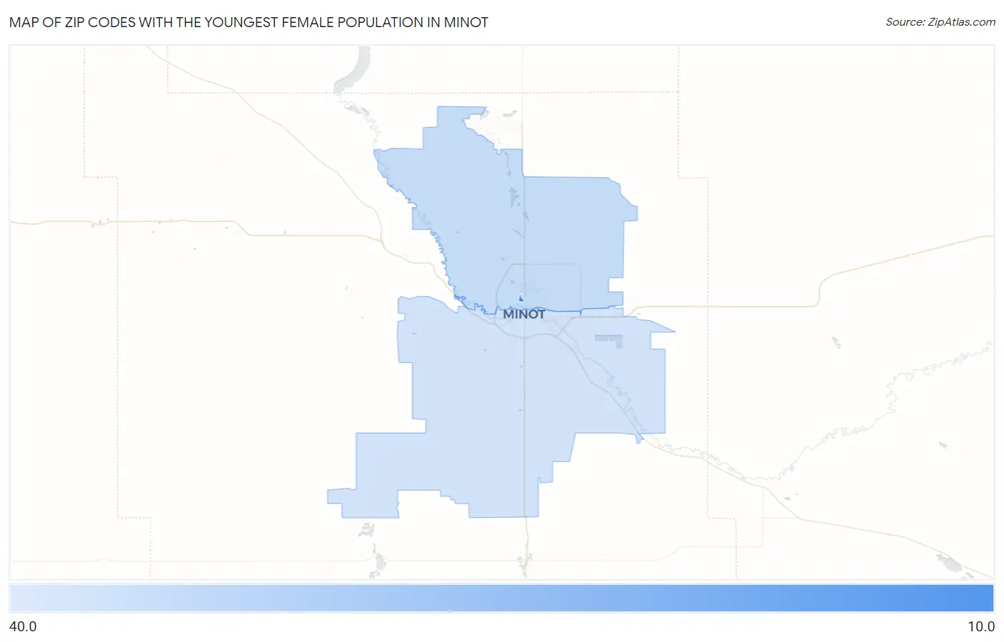 Zip Codes with the Youngest Female Population in Minot Map