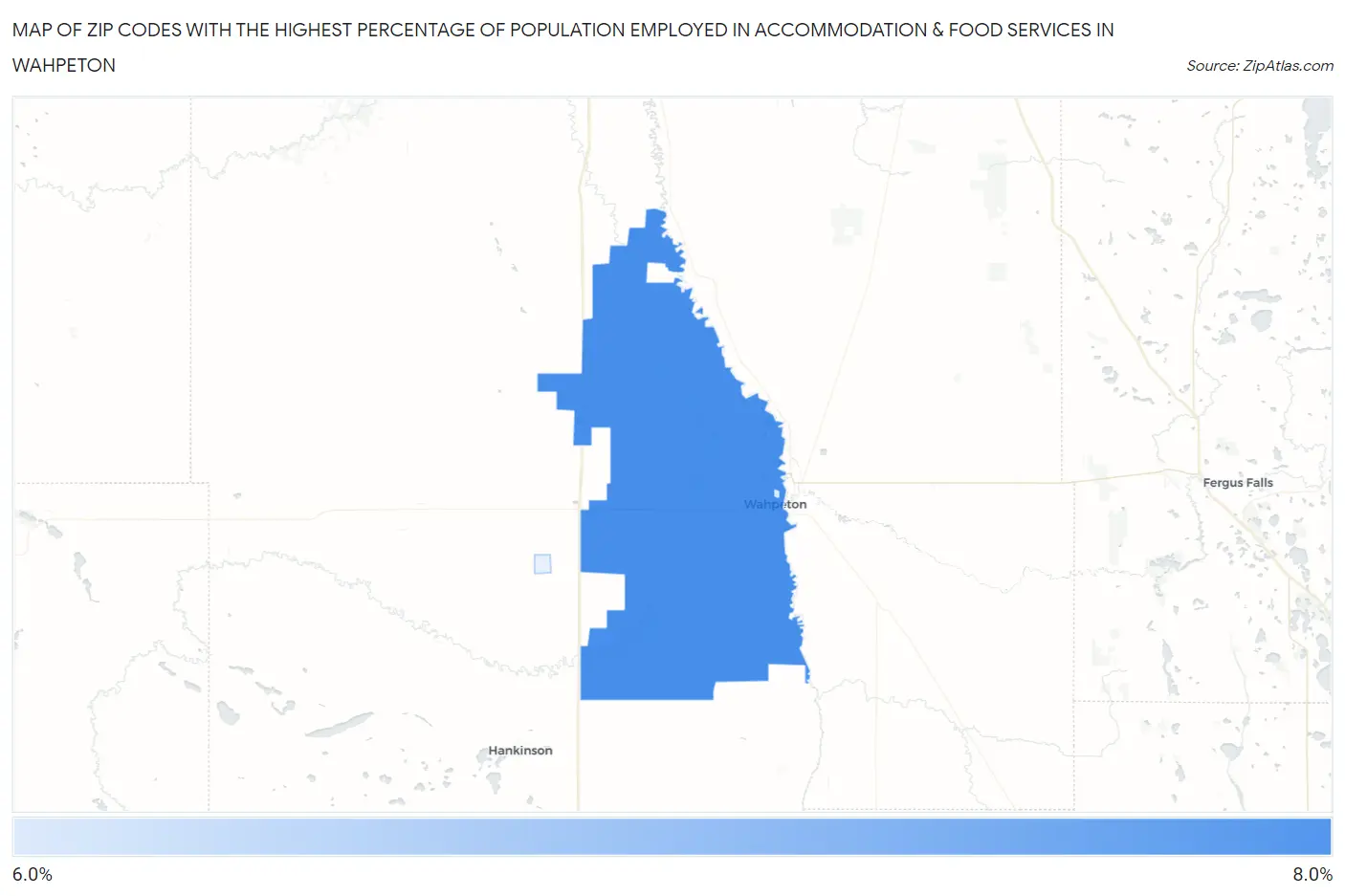 Zip Codes with the Highest Percentage of Population Employed in Accommodation & Food Services in Wahpeton Map