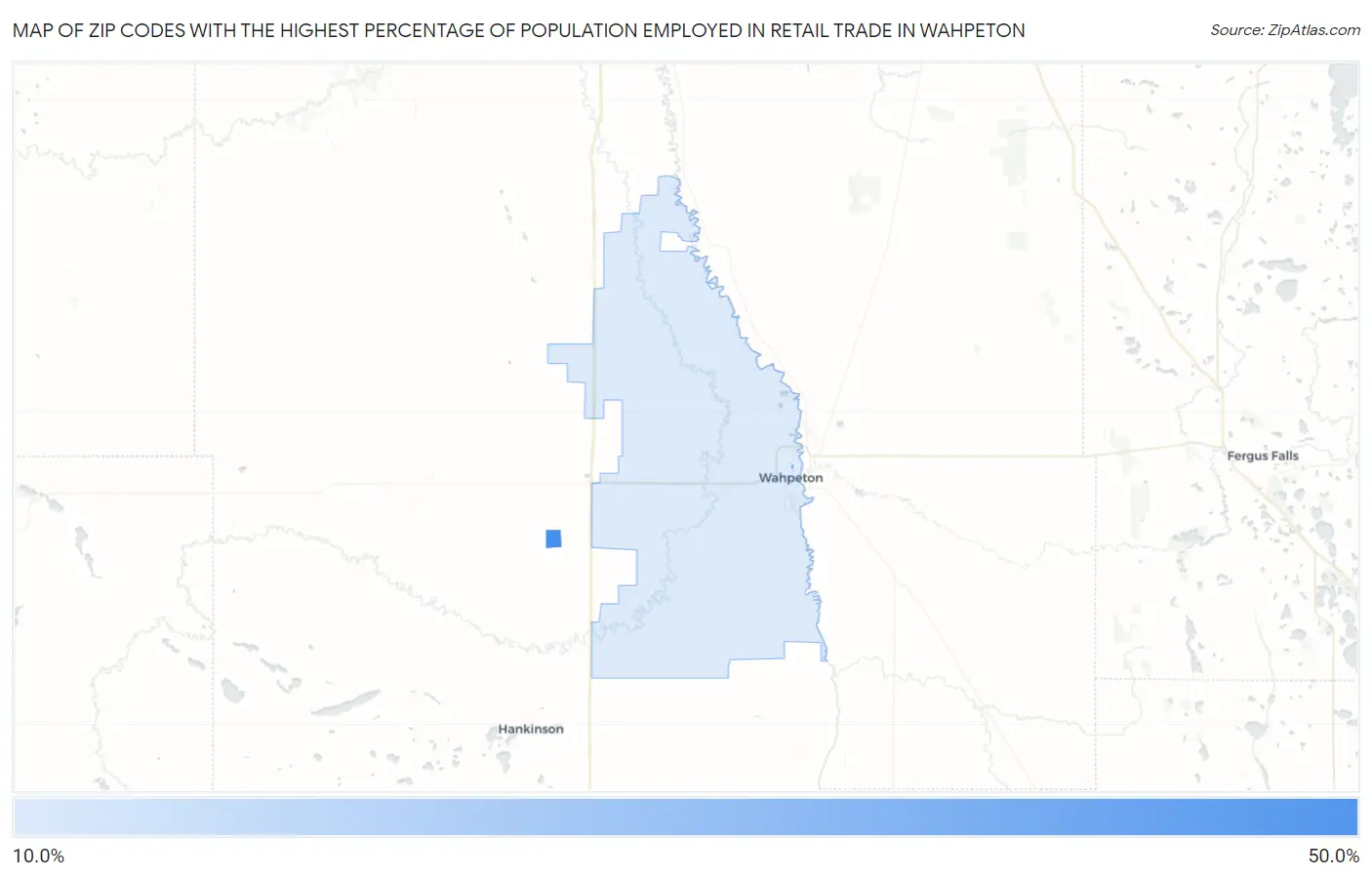 Zip Codes with the Highest Percentage of Population Employed in Retail Trade in Wahpeton Map