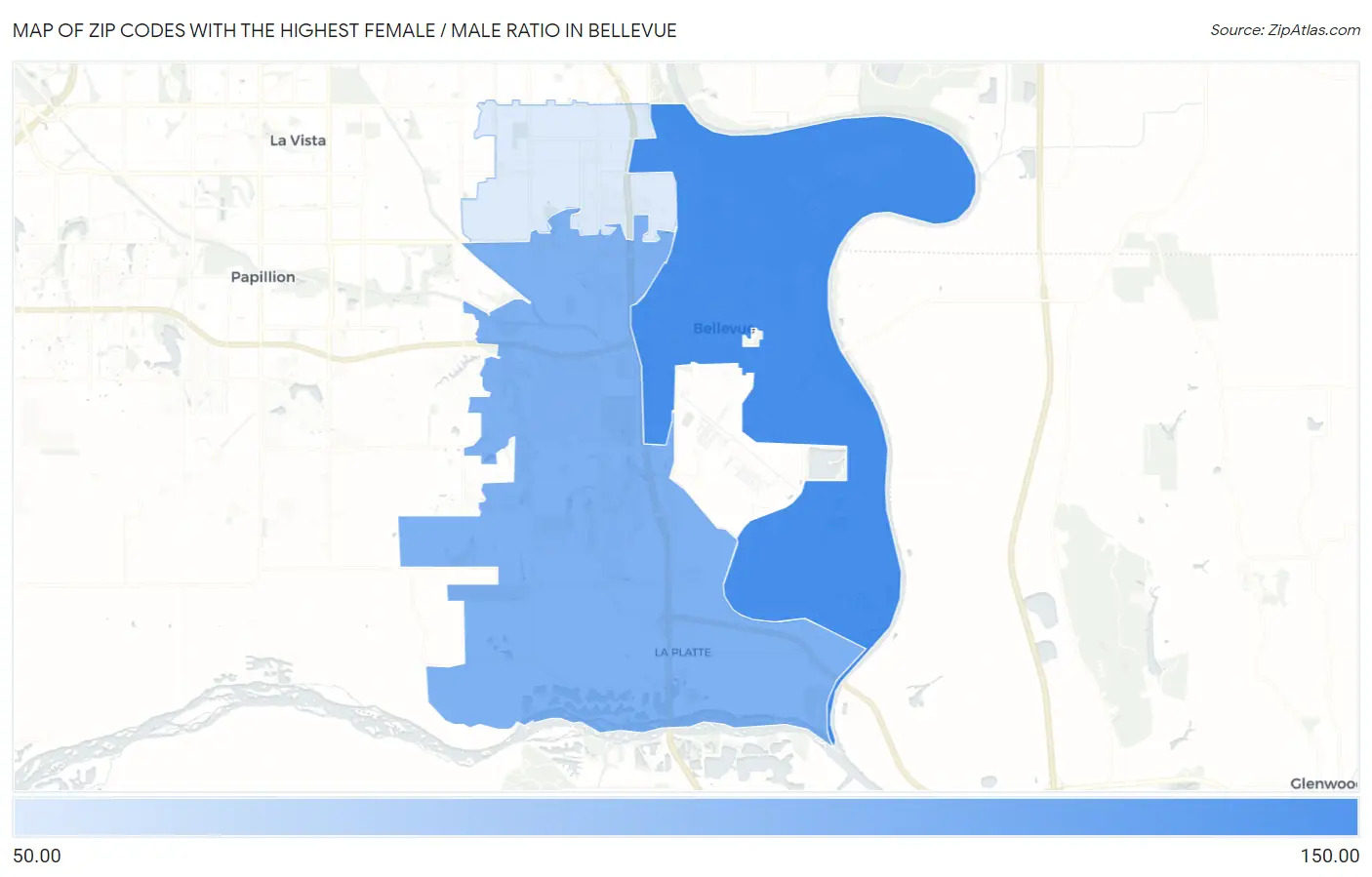 Zip Codes with the Highest Female / Male Ratio in Bellevue Map
