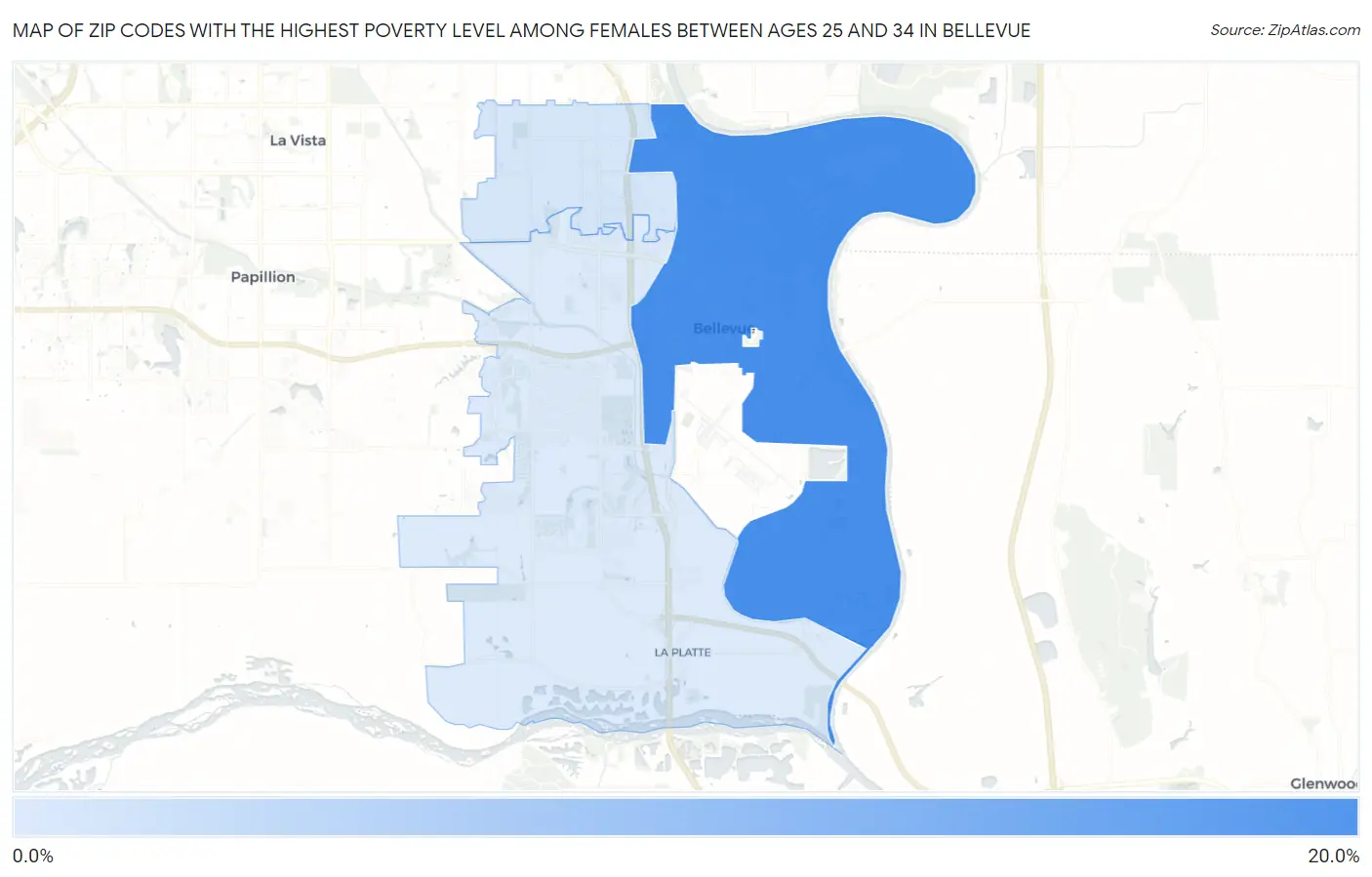 Zip Codes with the Highest Poverty Level Among Females Between Ages 25 and 34 in Bellevue Map