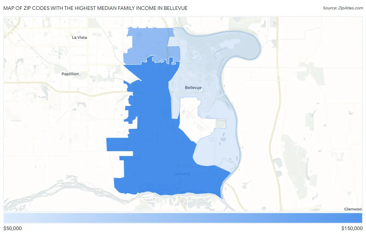 Zip Codes with the Highest Median Family Income in Bellevue Map