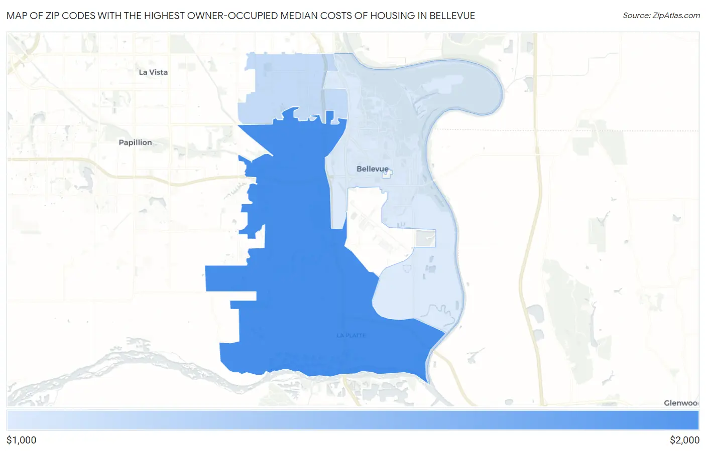 Zip Codes with the Highest Owner-Occupied Median Costs of Housing in Bellevue Map