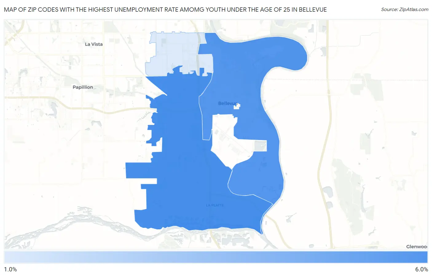 Zip Codes with the Highest Unemployment Rate Amomg Youth Under the Age of 25 in Bellevue Map