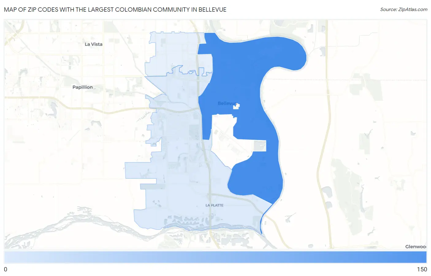 Zip Codes with the Largest Colombian Community in Bellevue Map