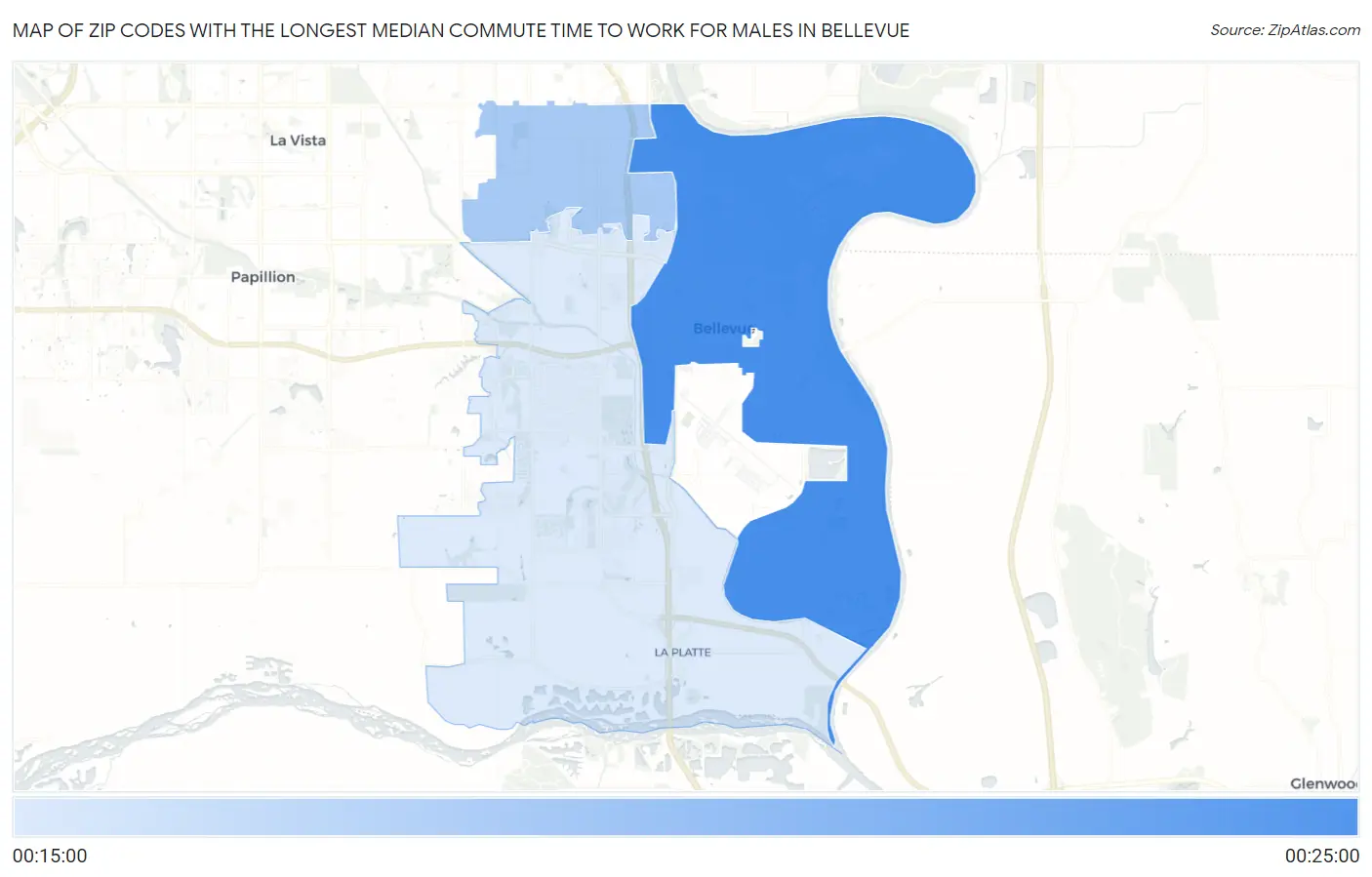 Zip Codes with the Longest Median Commute Time to Work for Males in Bellevue Map