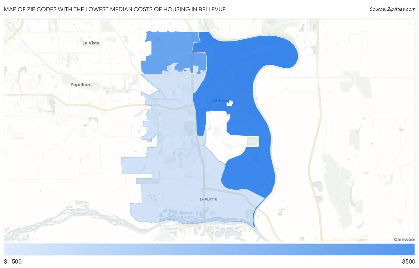 Zip Codes with the Lowest Median Costs of Housing in Bellevue Map
