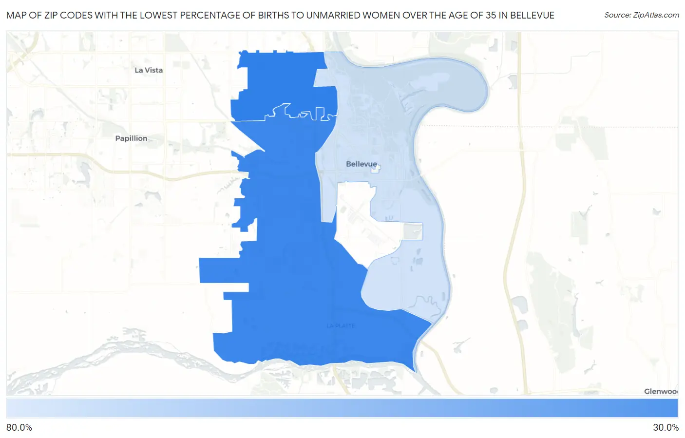 Zip Codes with the Lowest Percentage of Births to Unmarried Women over the Age of 35 in Bellevue Map