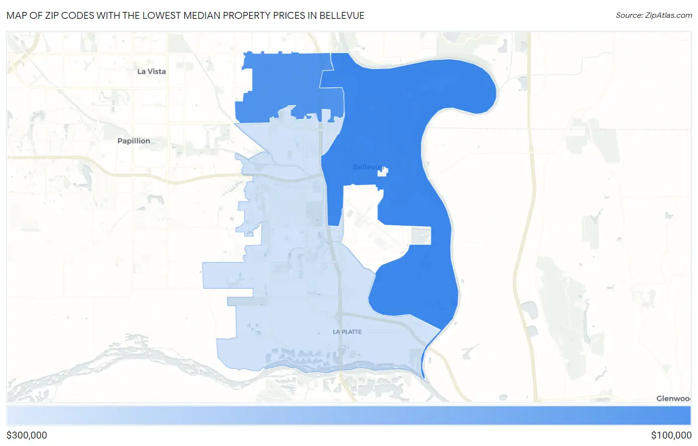 Zip Codes with the Lowest Median Property Prices in Bellevue Map