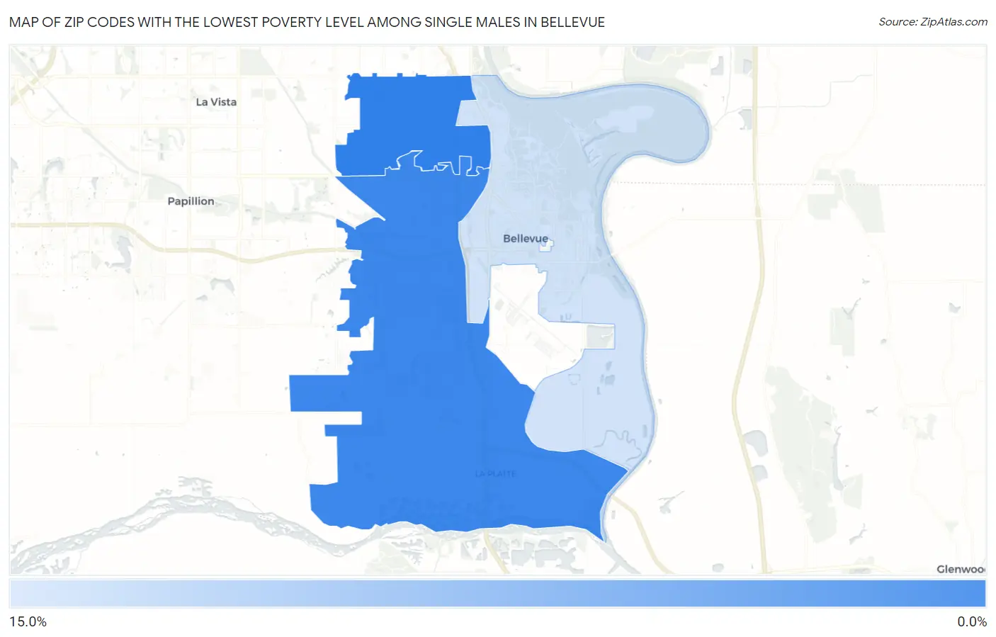 Zip Codes with the Lowest Poverty Level Among Single Males in Bellevue Map