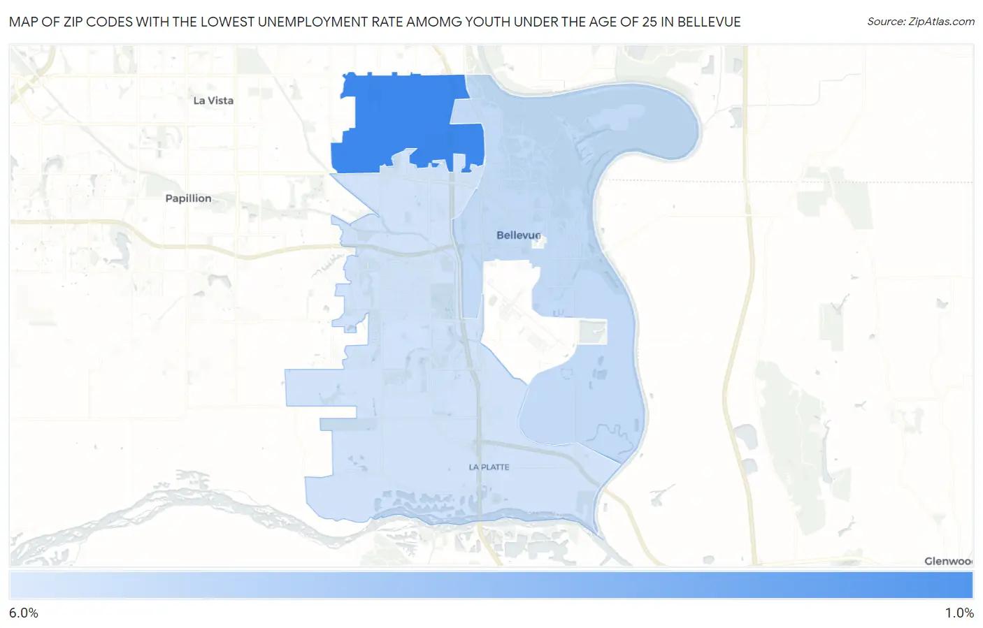 Zip Codes with the Lowest Unemployment Rate Amomg Youth Under the Age of 25 in Bellevue Map