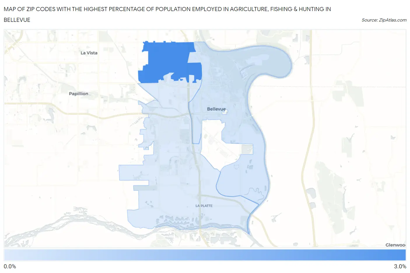Zip Codes with the Highest Percentage of Population Employed in Agriculture, Fishing & Hunting in Bellevue Map