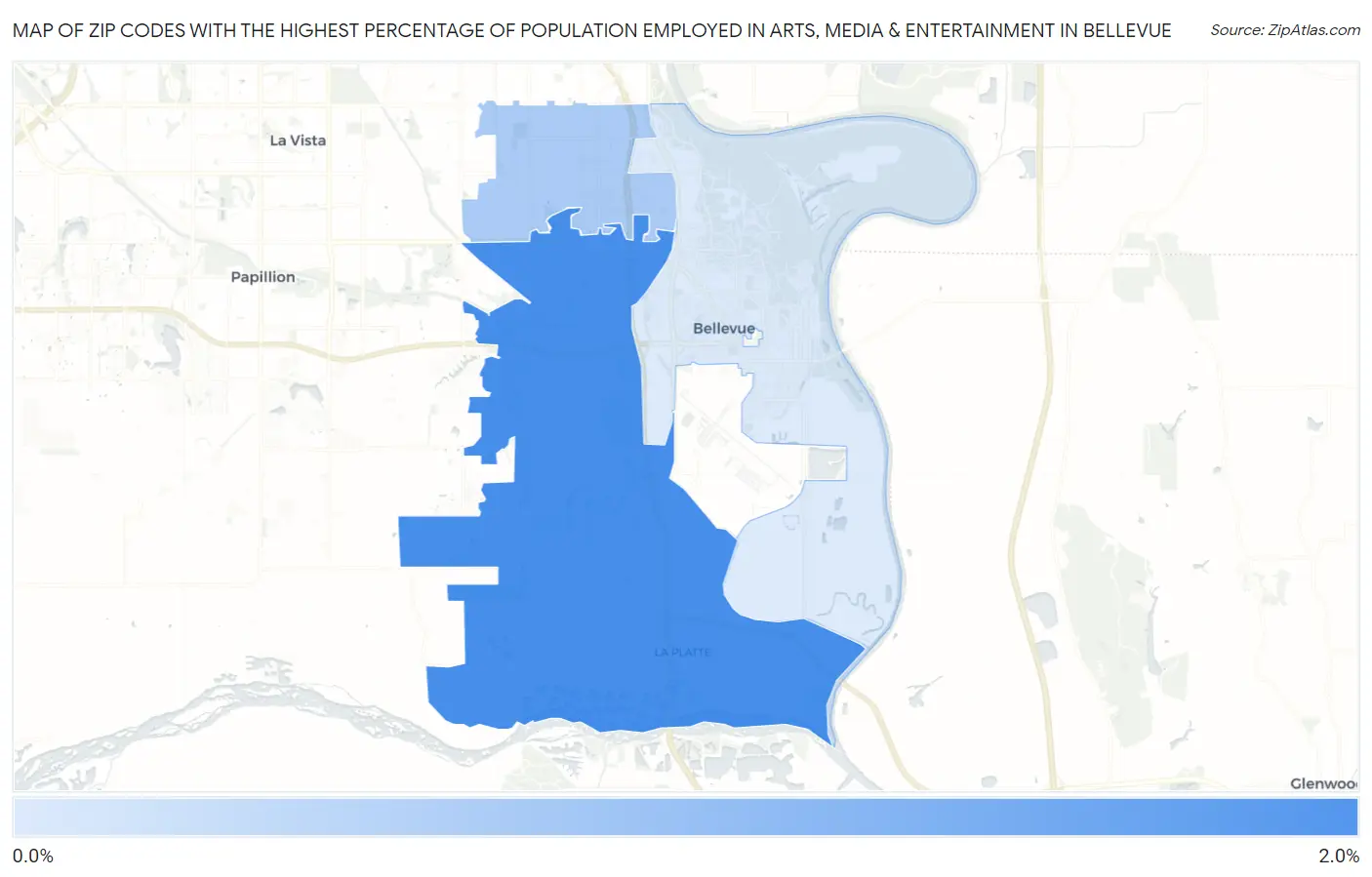 Zip Codes with the Highest Percentage of Population Employed in Arts, Media & Entertainment in Bellevue Map