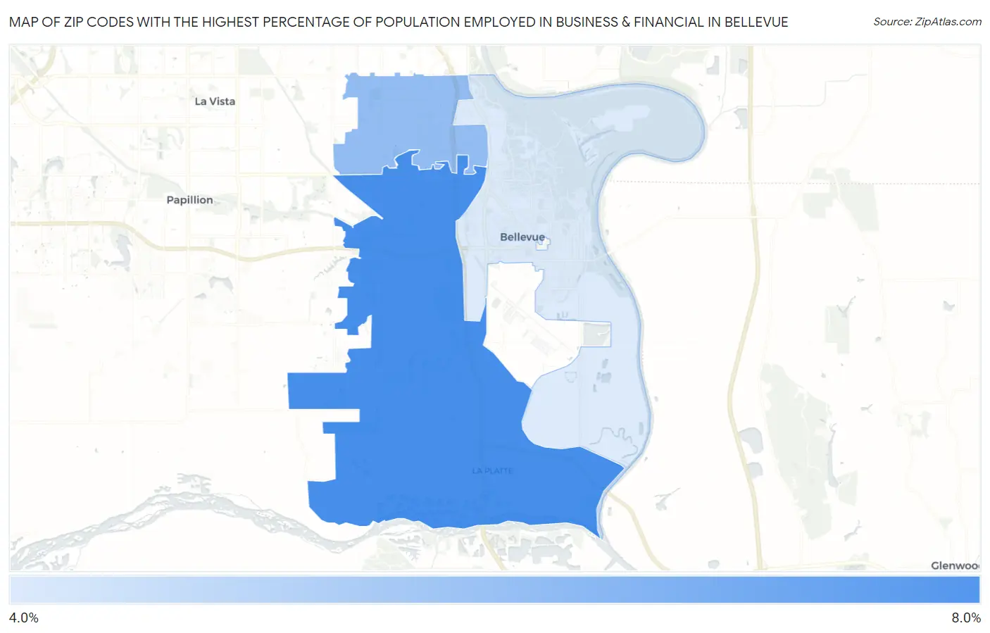 Zip Codes with the Highest Percentage of Population Employed in Business & Financial in Bellevue Map