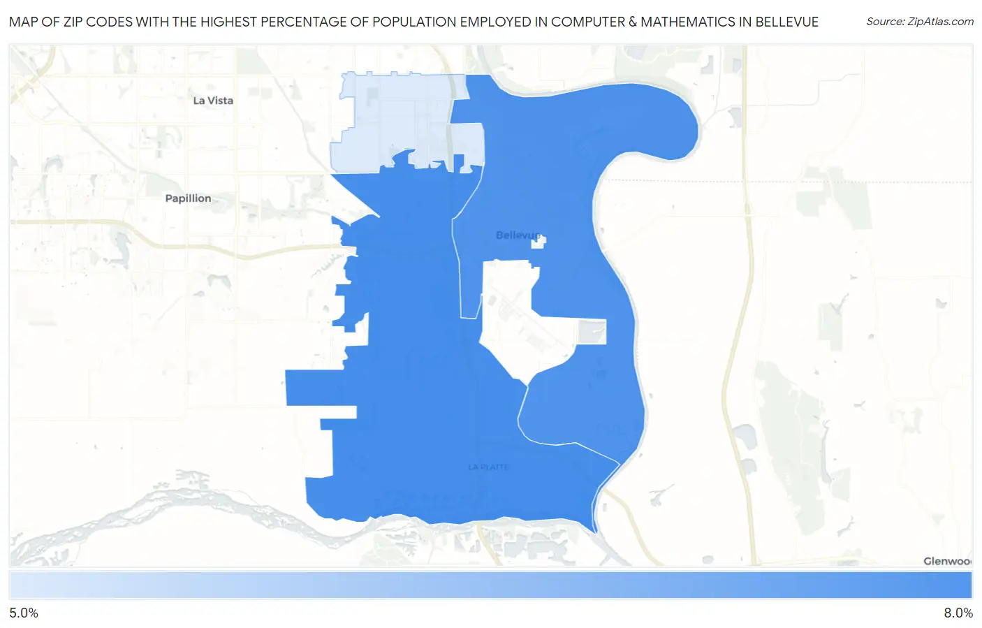 Zip Codes with the Highest Percentage of Population Employed in Computer & Mathematics in Bellevue Map