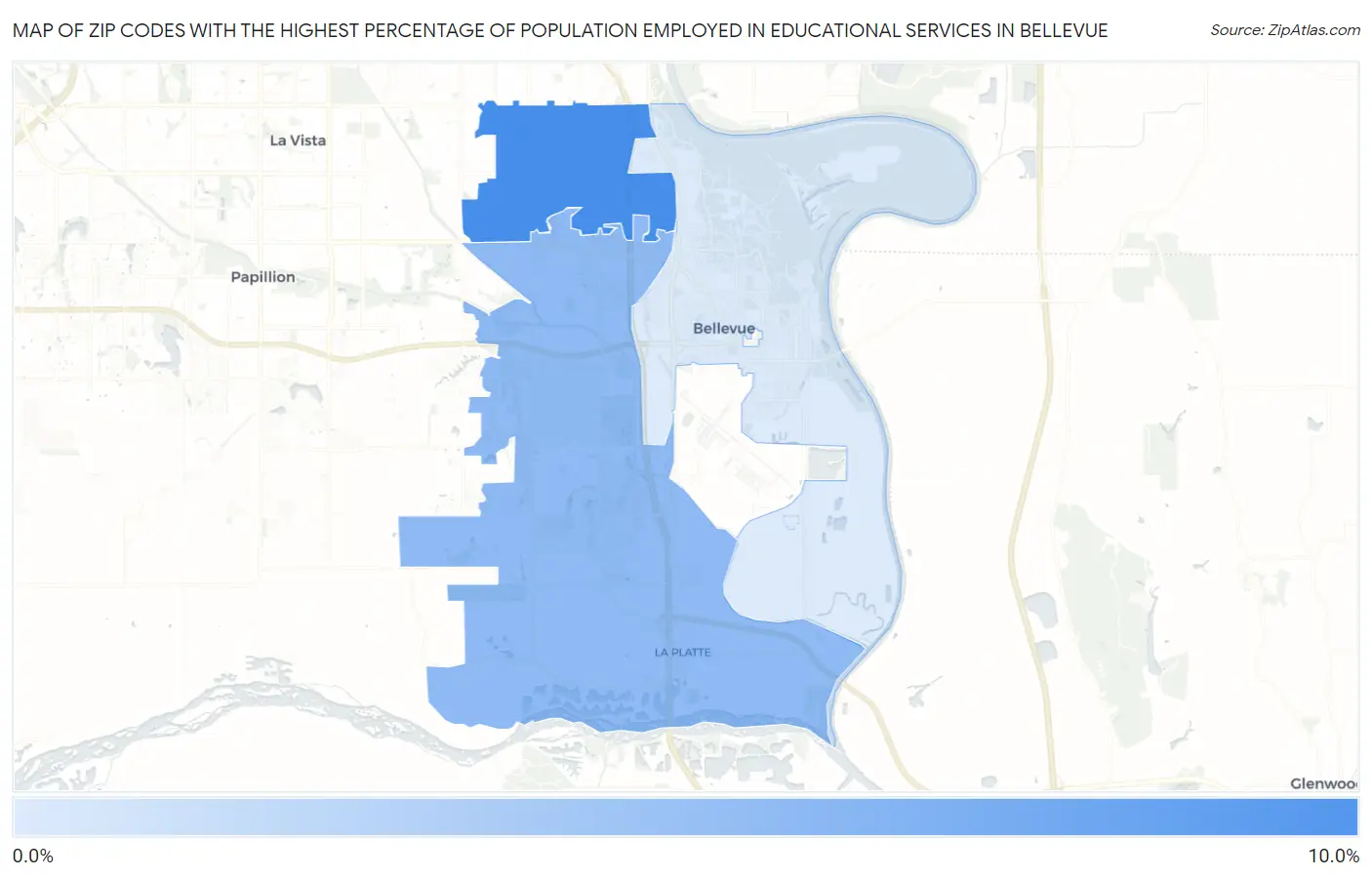Zip Codes with the Highest Percentage of Population Employed in Educational Services in Bellevue Map