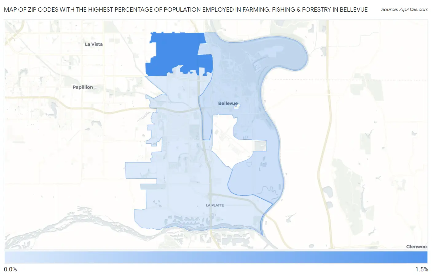 Zip Codes with the Highest Percentage of Population Employed in Farming, Fishing & Forestry in Bellevue Map