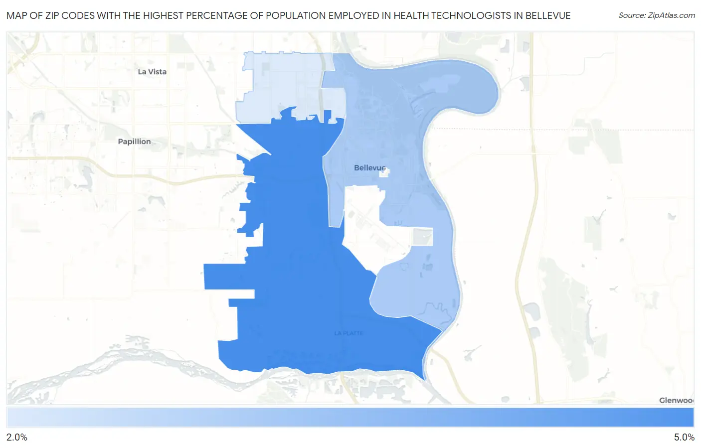 Zip Codes with the Highest Percentage of Population Employed in Health Technologists in Bellevue Map
