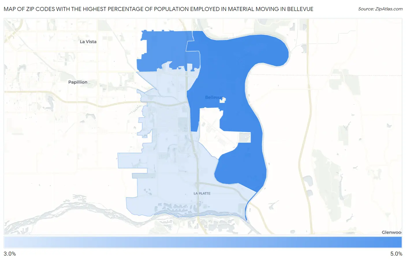 Zip Codes with the Highest Percentage of Population Employed in Material Moving in Bellevue Map