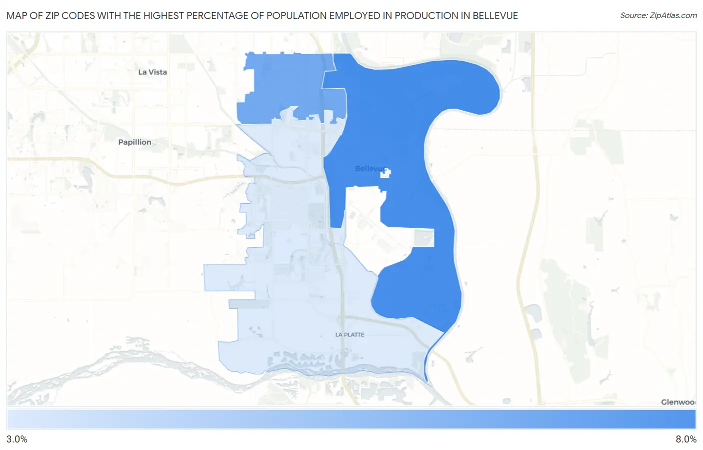 Zip Codes with the Highest Percentage of Population Employed in Production in Bellevue Map