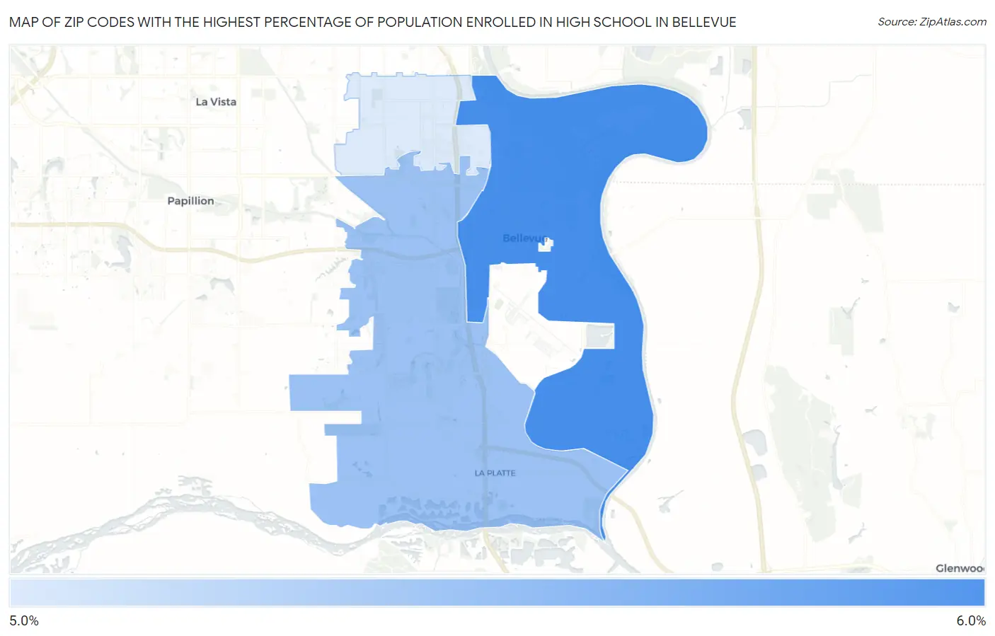 Zip Codes with the Highest Percentage of Population Enrolled in High School in Bellevue Map