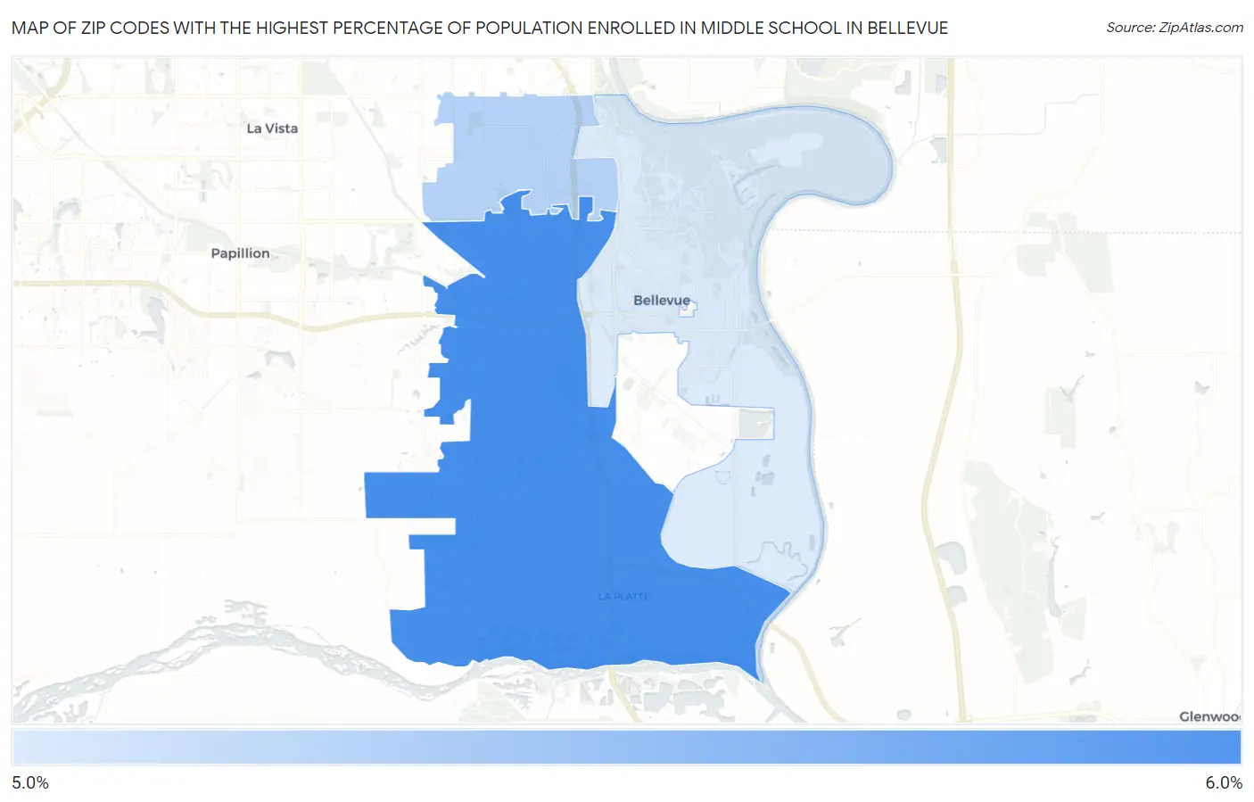 Zip Codes with the Highest Percentage of Population Enrolled in Middle School in Bellevue Map