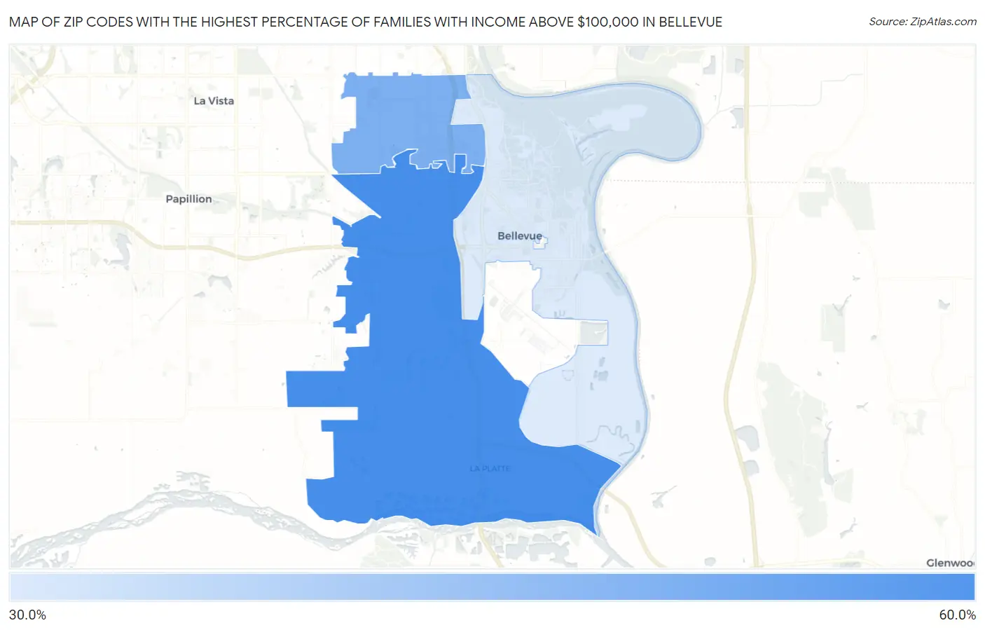 Zip Codes with the Highest Percentage of Families with Income Above $100,000 in Bellevue Map