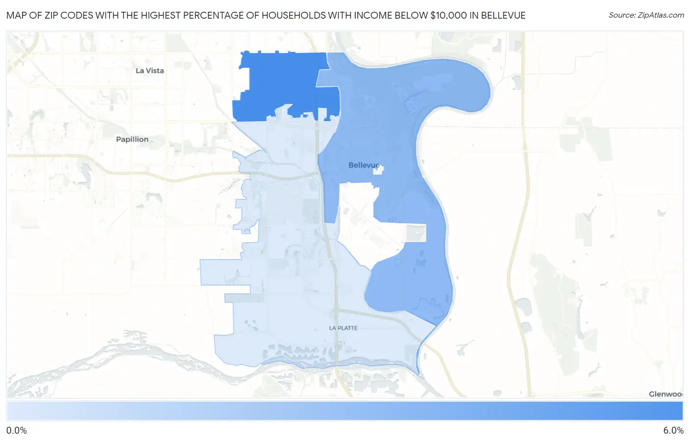 Zip Codes with the Highest Percentage of Households with Income Below $10,000 in Bellevue Map