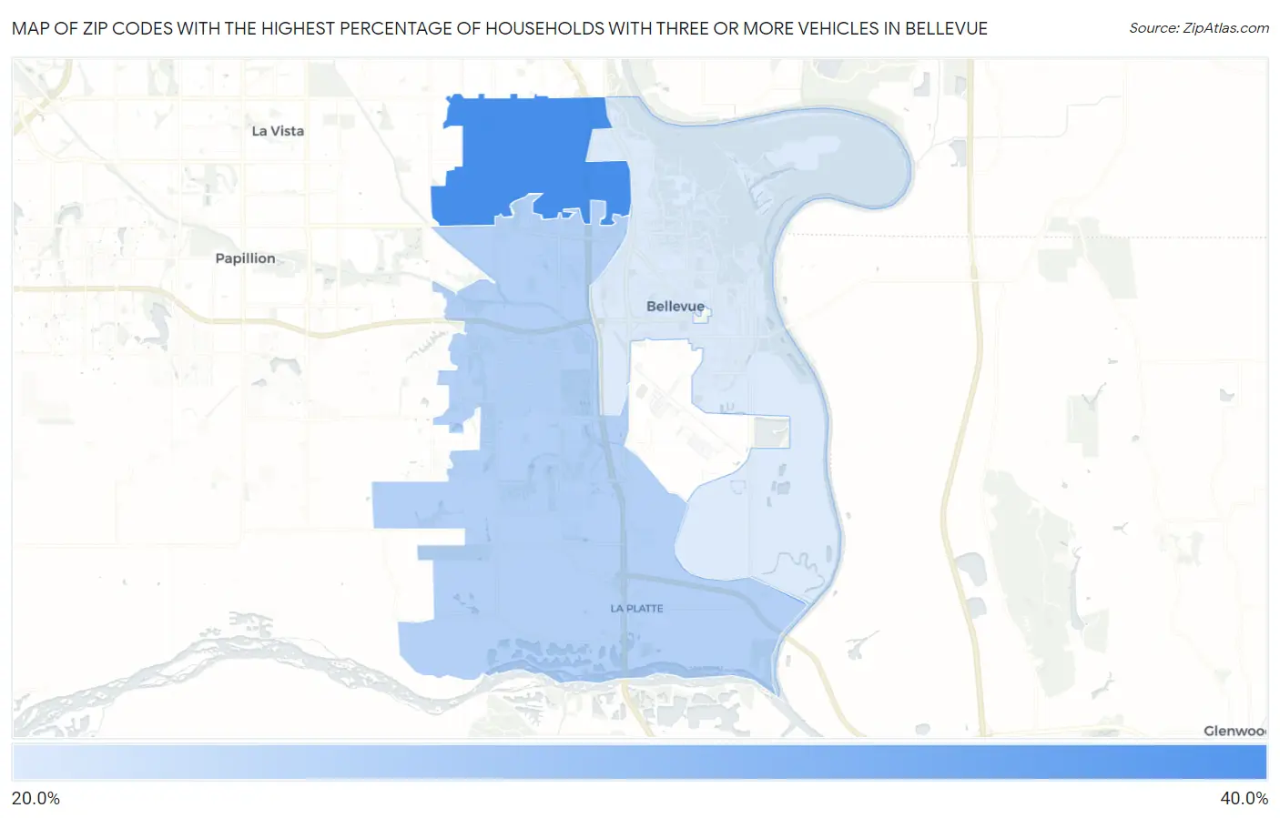 Zip Codes with the Highest Percentage of Households With Three or more Vehicles in Bellevue Map