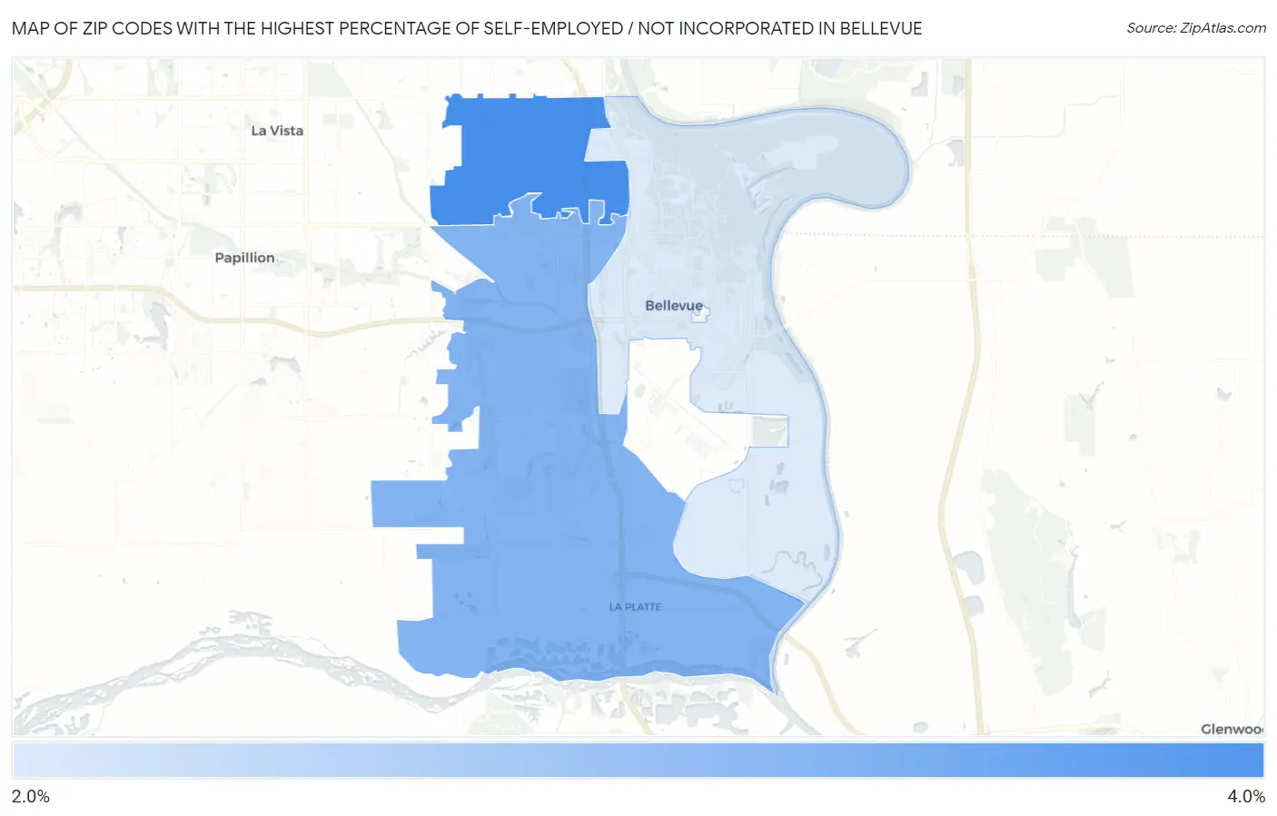 Zip Codes with the Highest Percentage of Self-Employed / Not Incorporated in Bellevue Map