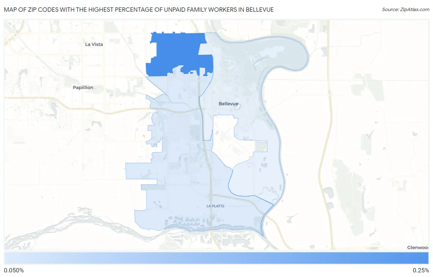 Zip Codes with the Highest Percentage of Unpaid Family Workers in Bellevue Map