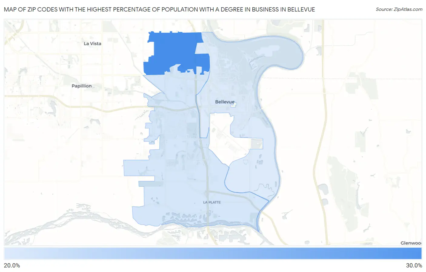 Zip Codes with the Highest Percentage of Population with a Degree in Business in Bellevue Map