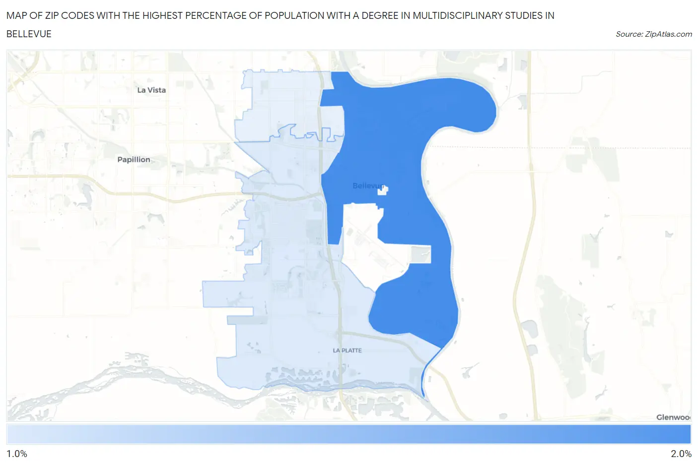 Zip Codes with the Highest Percentage of Population with a Degree in Multidisciplinary Studies in Bellevue Map