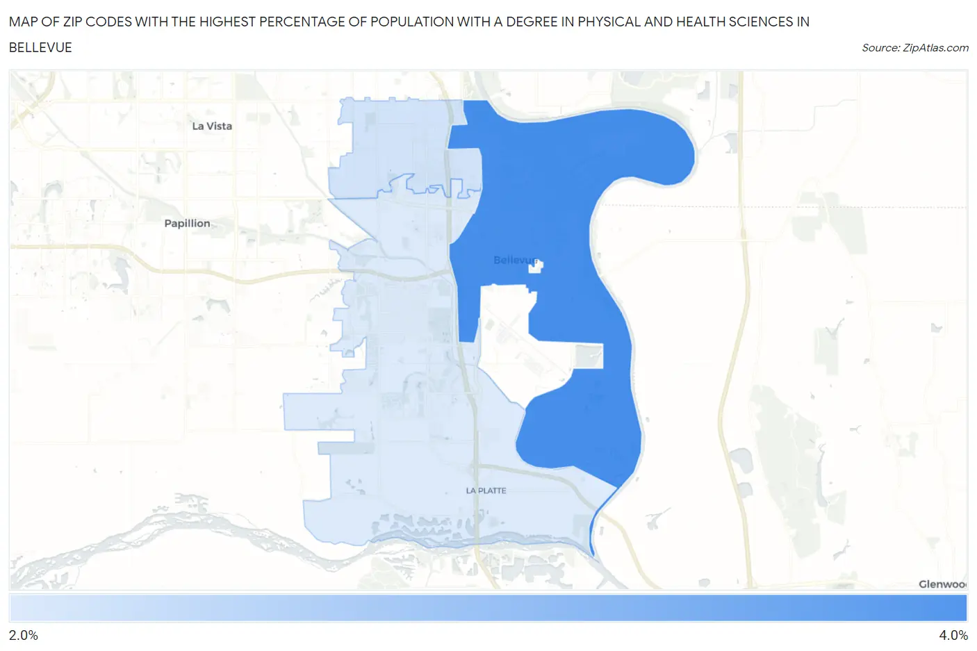 Zip Codes with the Highest Percentage of Population with a Degree in Physical and Health Sciences in Bellevue Map