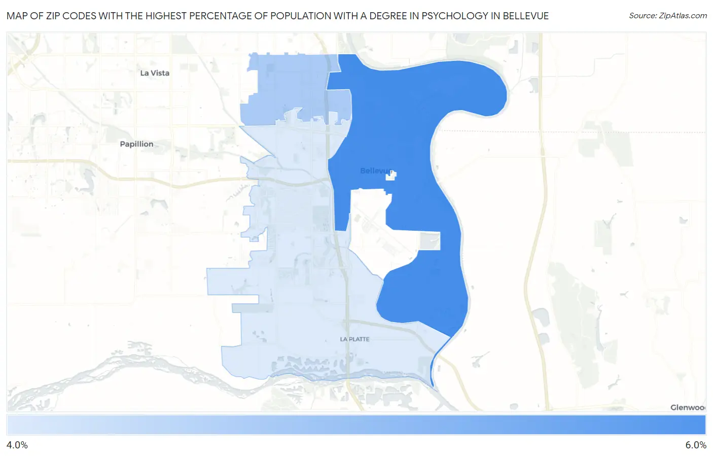 Zip Codes with the Highest Percentage of Population with a Degree in Psychology in Bellevue Map