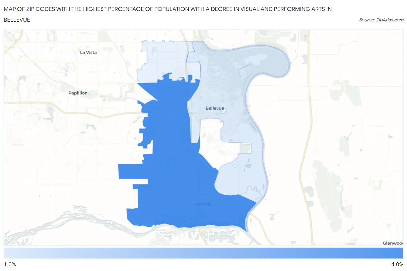 Zip Codes with the Highest Percentage of Population with a Degree in Visual and Performing Arts in Bellevue Map