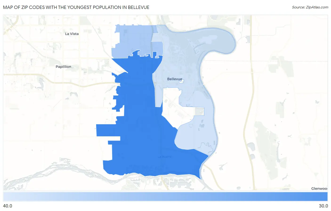 Zip Codes with the Youngest Population in Bellevue Map