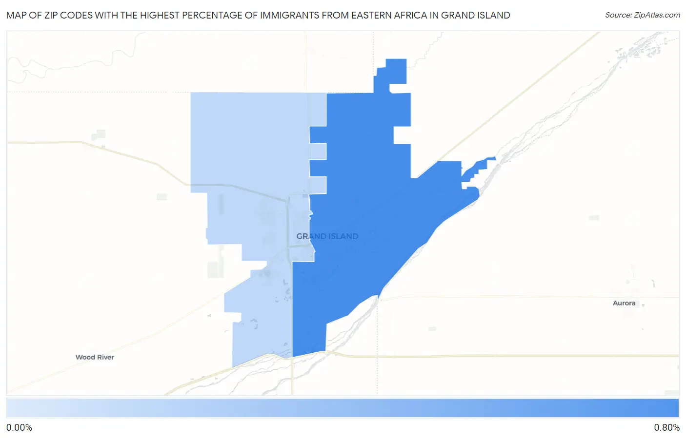 Zip Codes with the Highest Percentage of Immigrants from Eastern Africa in Grand Island Map