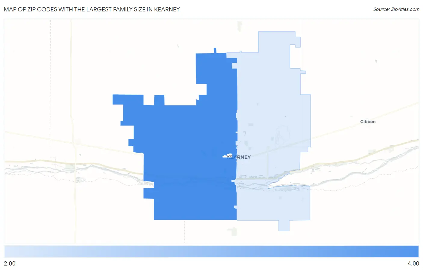 Zip Codes with the Largest Family Size in Kearney Map