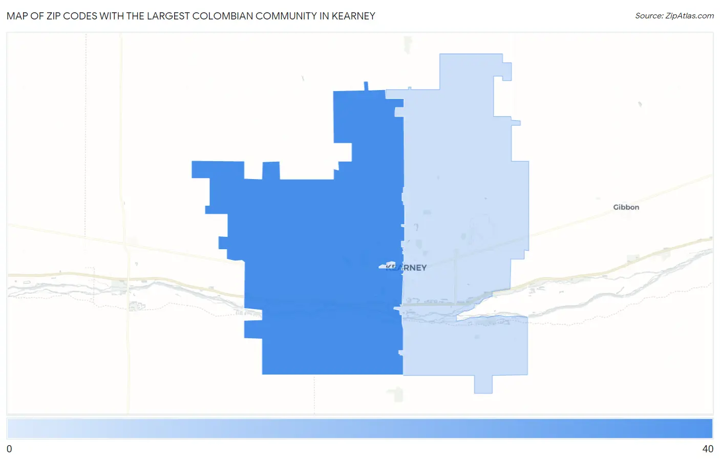 Zip Codes with the Largest Colombian Community in Kearney Map