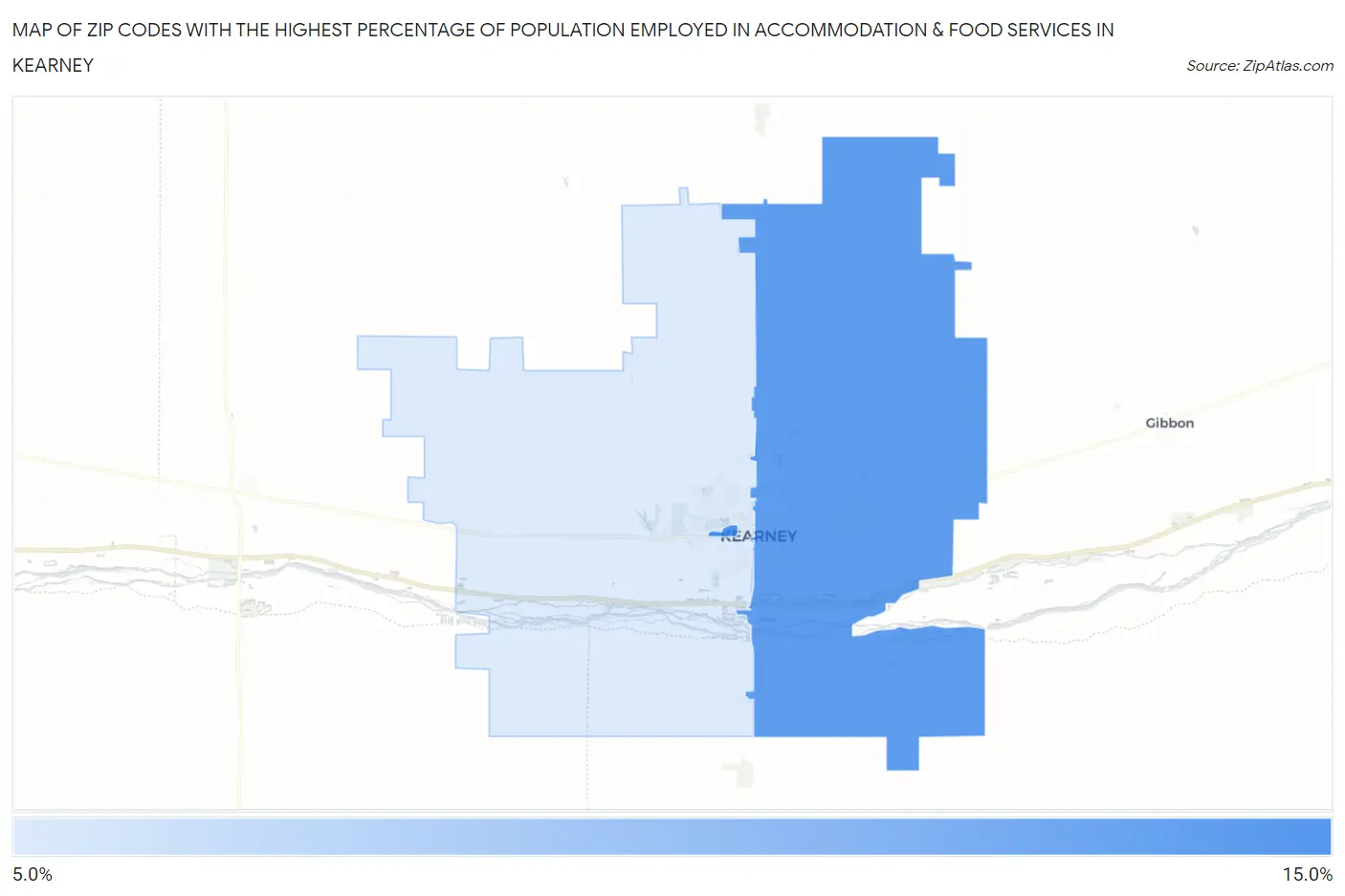 Zip Codes with the Highest Percentage of Population Employed in Accommodation & Food Services in Kearney Map