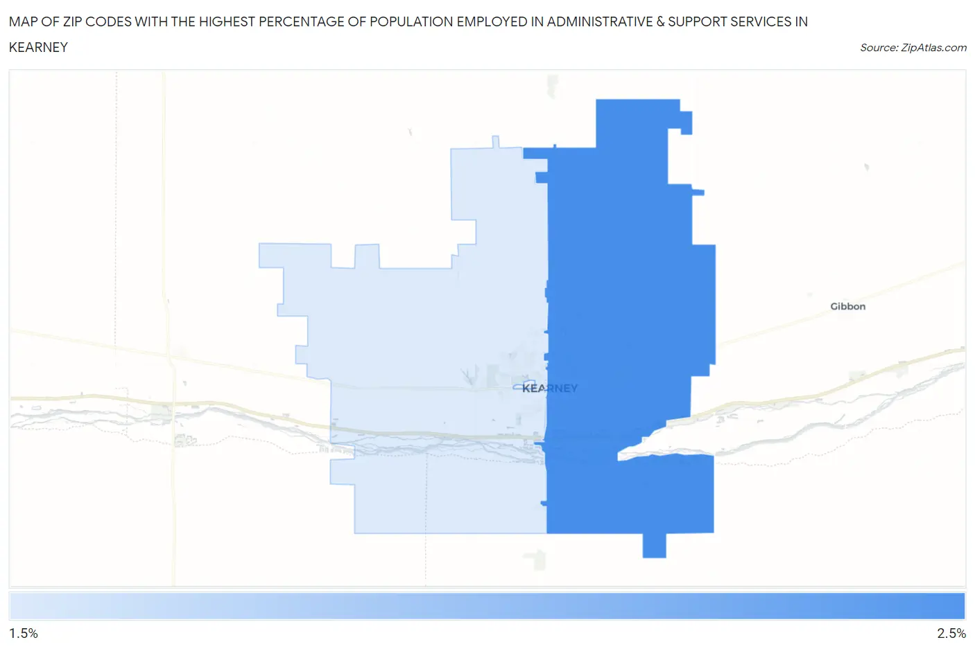 Zip Codes with the Highest Percentage of Population Employed in Administrative & Support Services in Kearney Map