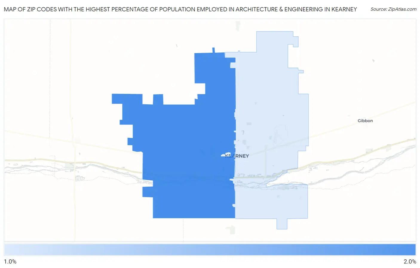 Zip Codes with the Highest Percentage of Population Employed in Architecture & Engineering in Kearney Map